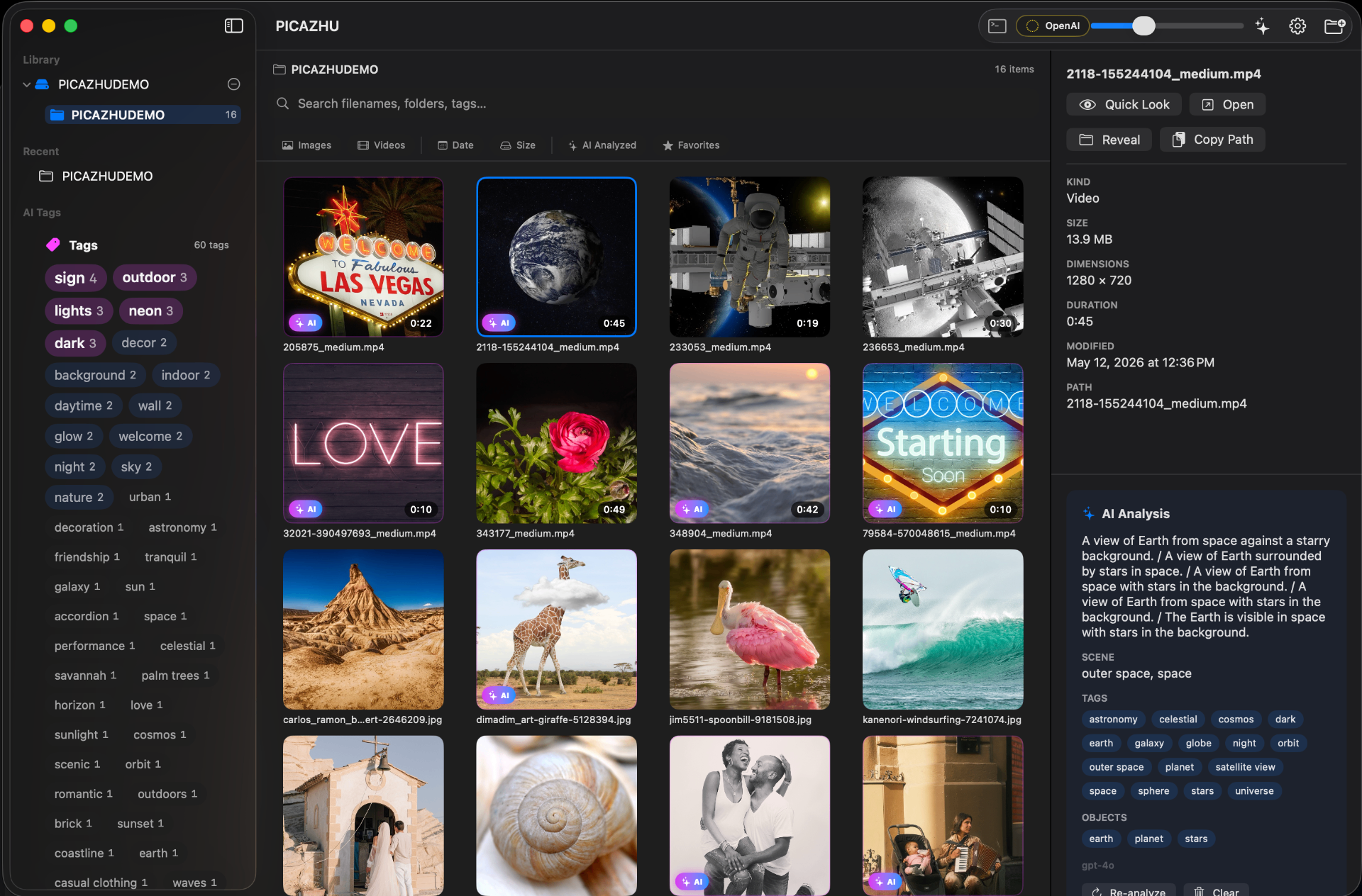 PICAZHU desktop photo viewer for macOS — folder sidebar, AI tag list, media grid, and metadata details panel